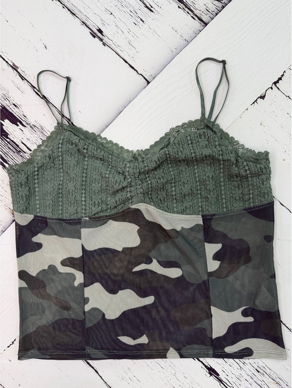 Y2K Grunge Mixed Threads Coquette Camo & Lace Sheer Mesh Cami Top Women’s XL